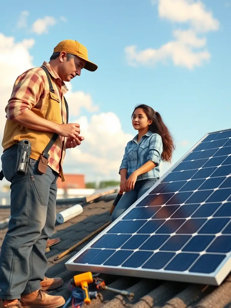 A 3D animation still of a local resident receiving training on installing and maintaining solar panels, highlighting the job creation aspect of Pone Greenfarmz's community empowerment initiatives.