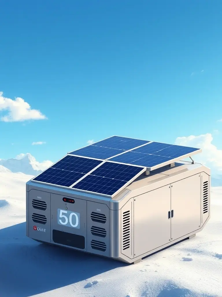 A detailed 3D rendering of a solar-powered data pod, showcasing its external structure, solar panel placement, and cooling system, set against a clear blue sky.