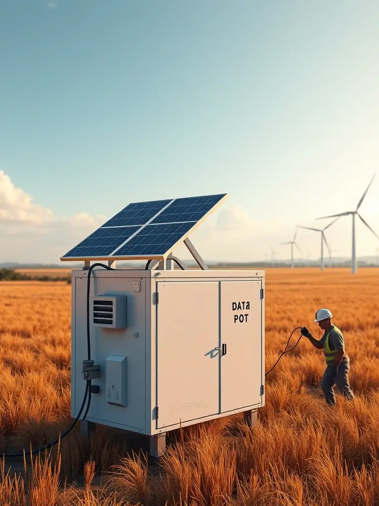 3D animation still frame of a solar-powered data pod being deployed in a rural setting, showcasing its sustainable energy source and advanced AI infrastructure.
