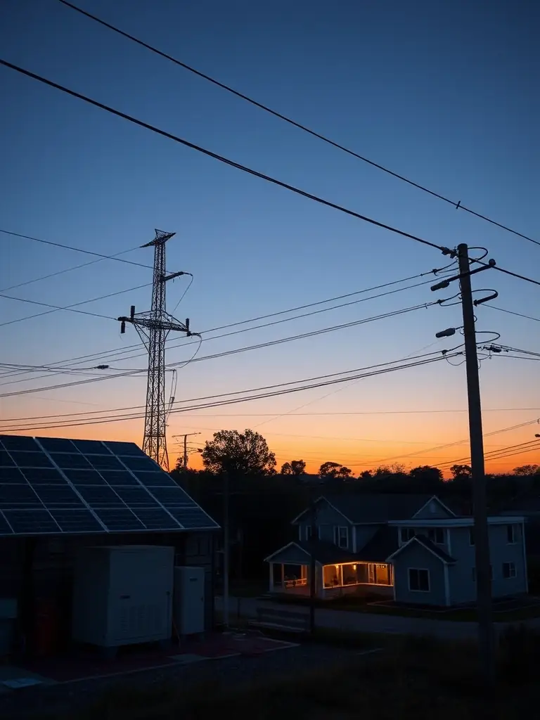 3D animation still frame of a microgrid system redistributing power to a local community, emphasizing the surplus electricity sales and community impact.