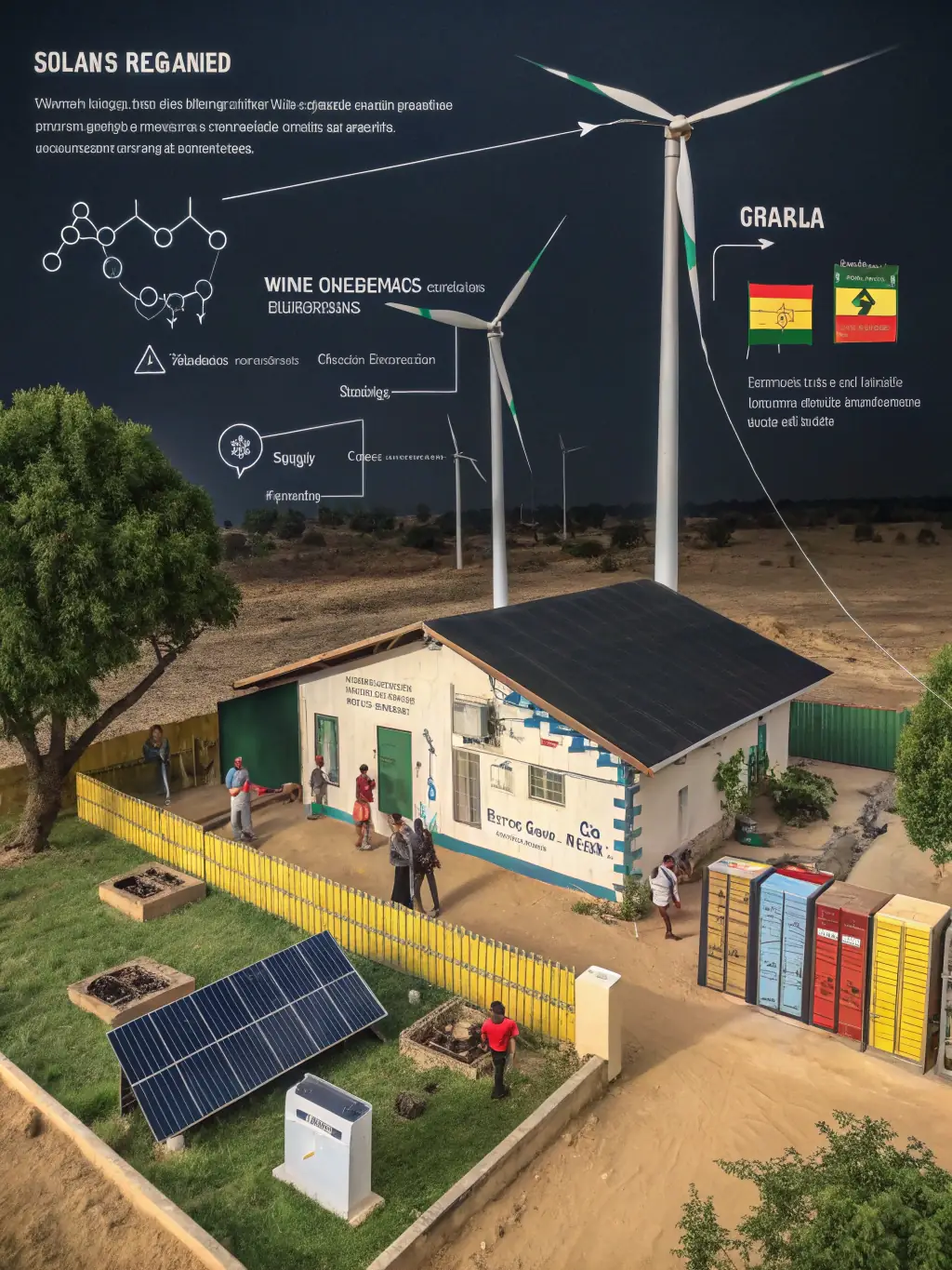 An illustration depicting the microgrid power redistribution system, showing how surplus electricity is channeled to local communities.