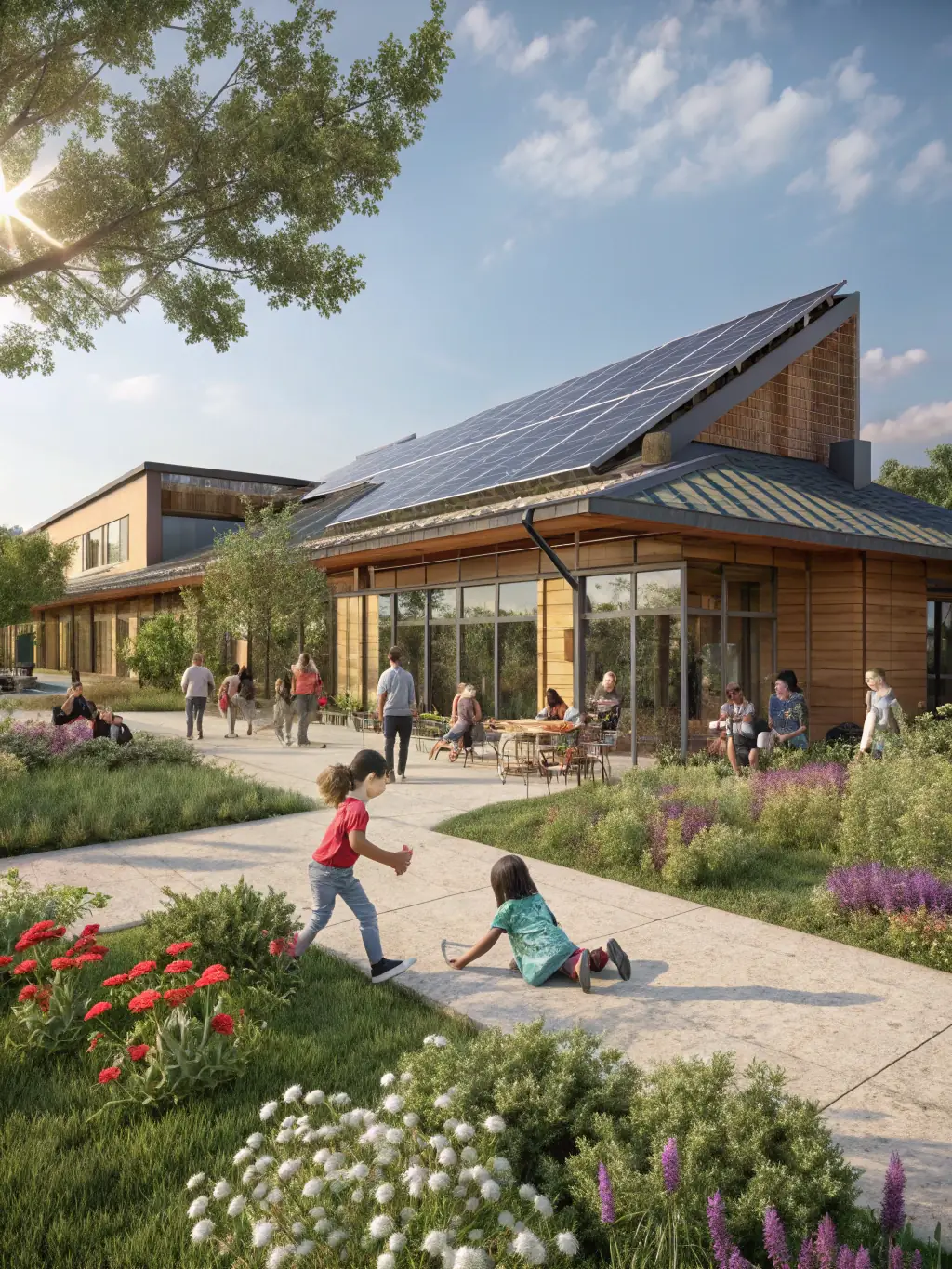 A vibrant 3D rendering of a community center powered by solar panels, showcasing children playing and adults engaged in various activities, symbolizing community empowerment through sustainable energy provided by Pone Greenfarmz.