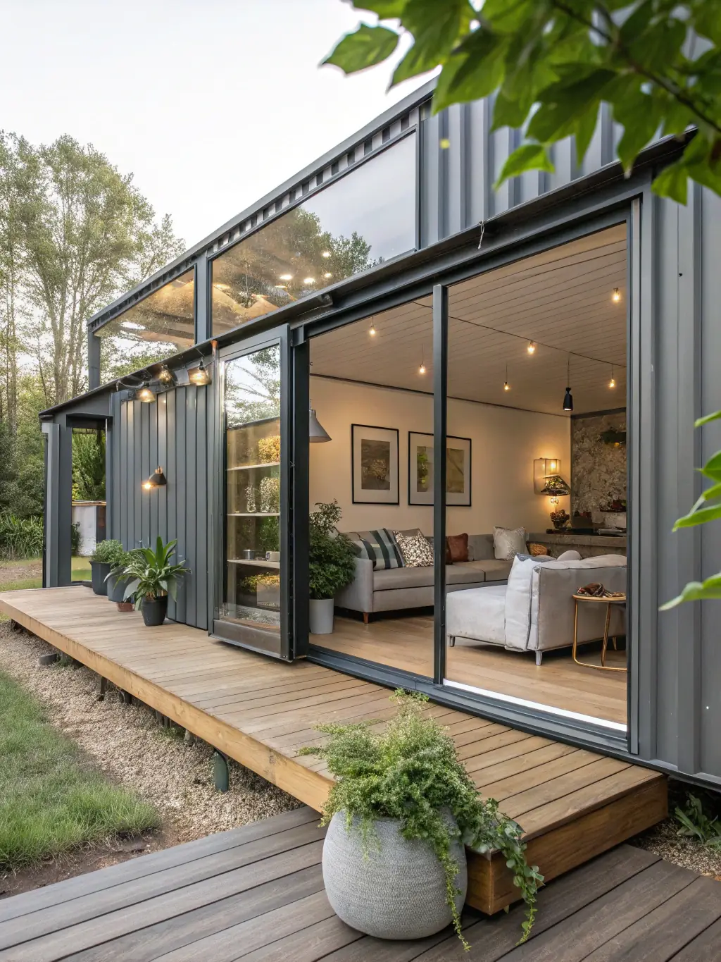 3D animation still frame of modular homes constructed from shipping containers, highlighting their affordability, scalability, and integration with renewable energy systems.