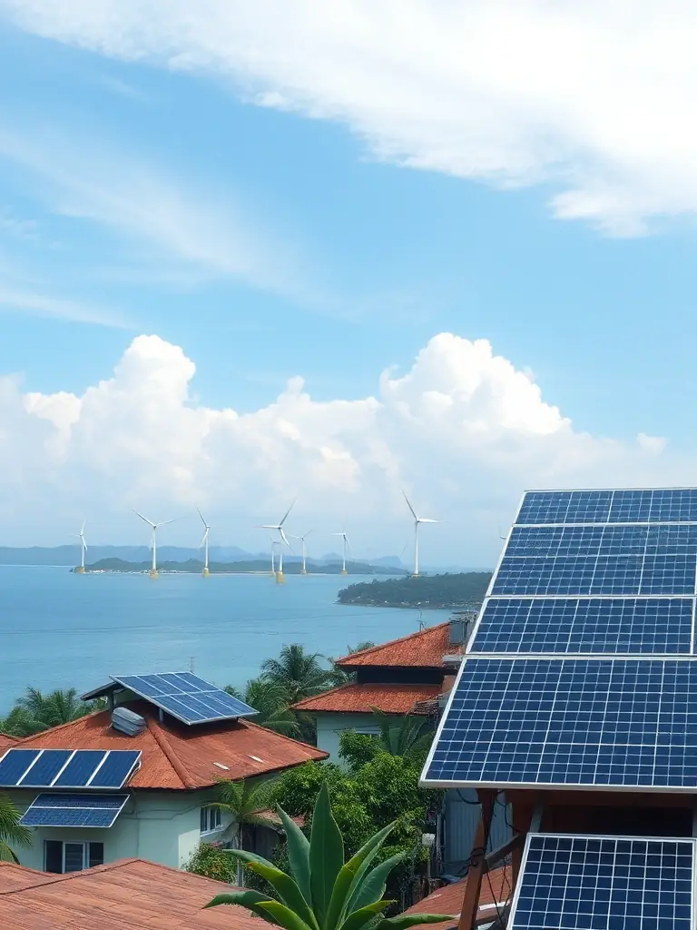 A 3D rendering of a microgrid system efficiently distributing electricity to local homes and businesses, illustrating the reliability and sustainability of Pone Greenfarmz's energy solutions.