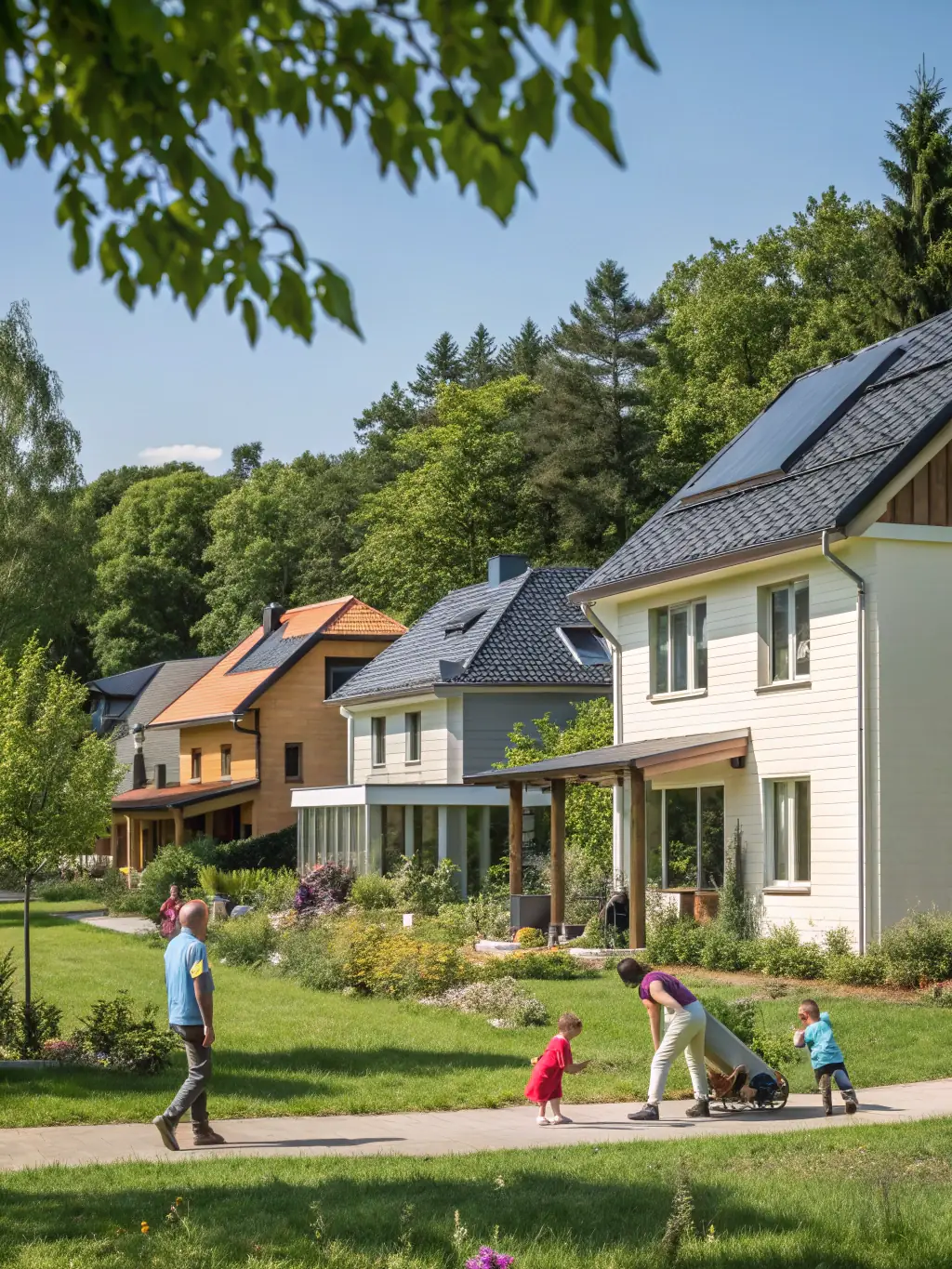 A 3D visualization of modular homes equipped with smart technology, showcasing families enjoying comfortable and sustainable living, emphasizing the impact of affordable housing solutions.