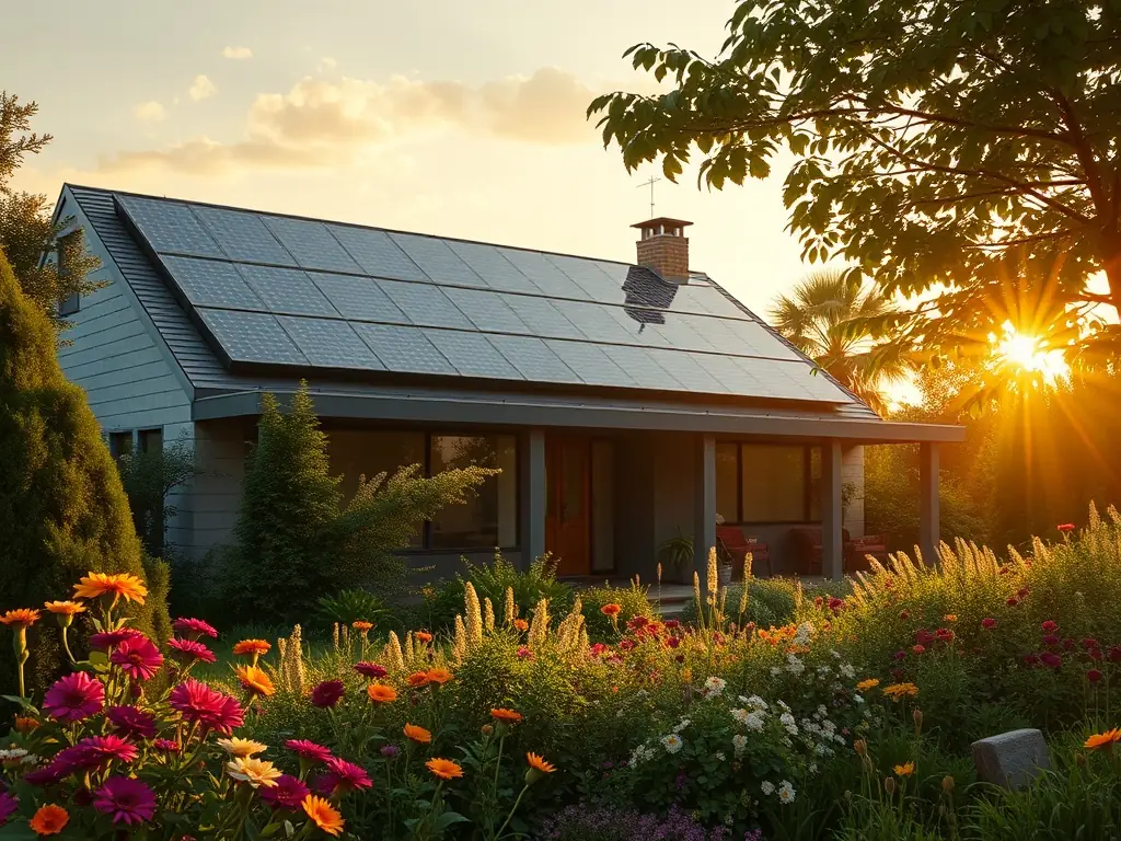 A 3D rendering of a modern, two-story modular home with large windows, a green roof, and solar panels, set in a suburban neighborhood with trees and a well-maintained lawn. The image emphasizes the home's energy efficiency and modern design.