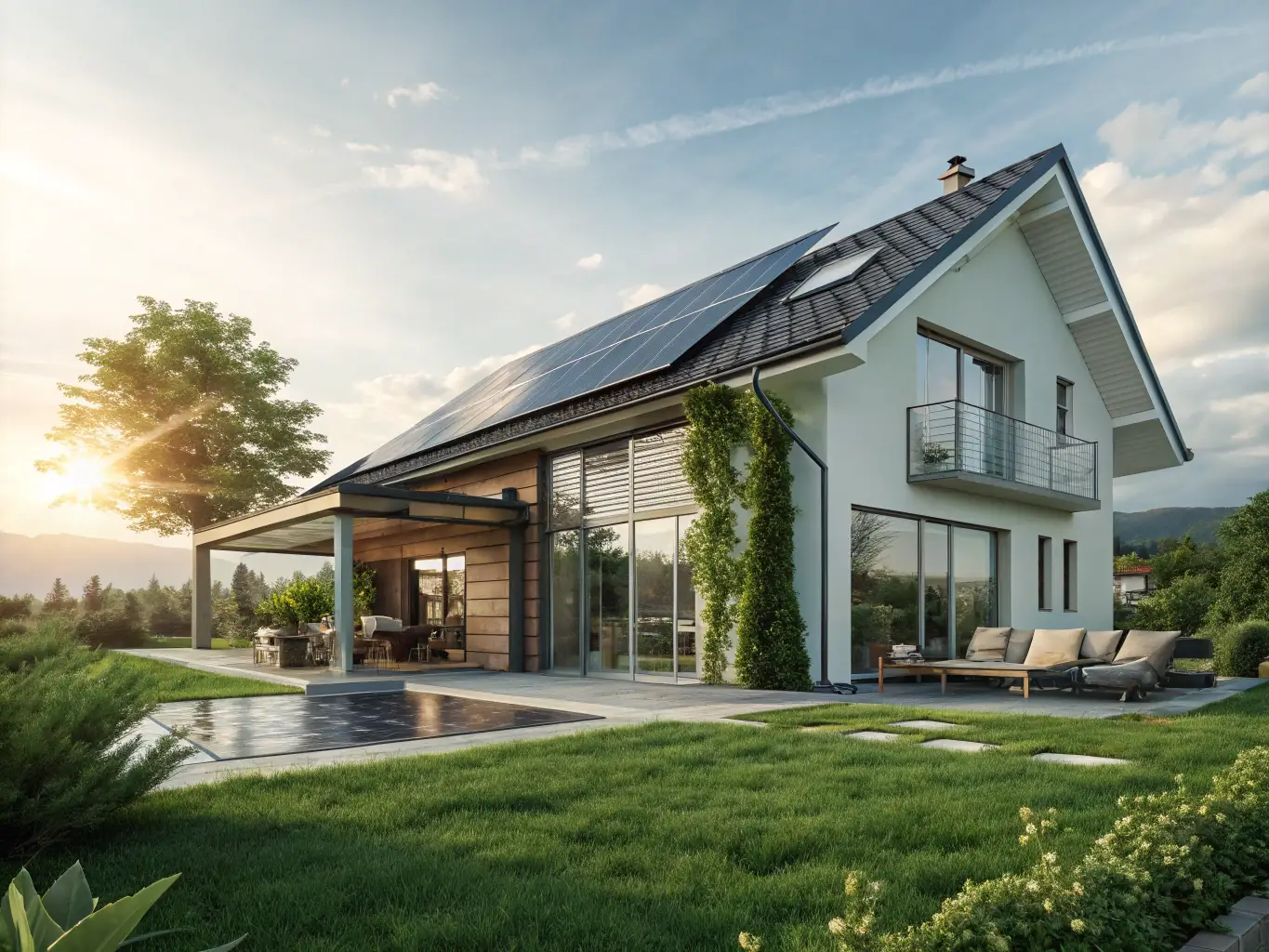 A spacious modular home with a large deck and wind turbine, set in a rural landscape with rolling hills and a clear blue sky, emphasizing off-grid capabilities.