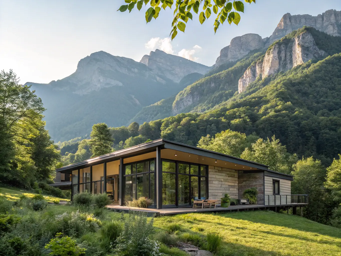 A modern modular home with large windows and solar panels, set in a suburban neighborhood with green lawns and trees, showcasing sustainable living.