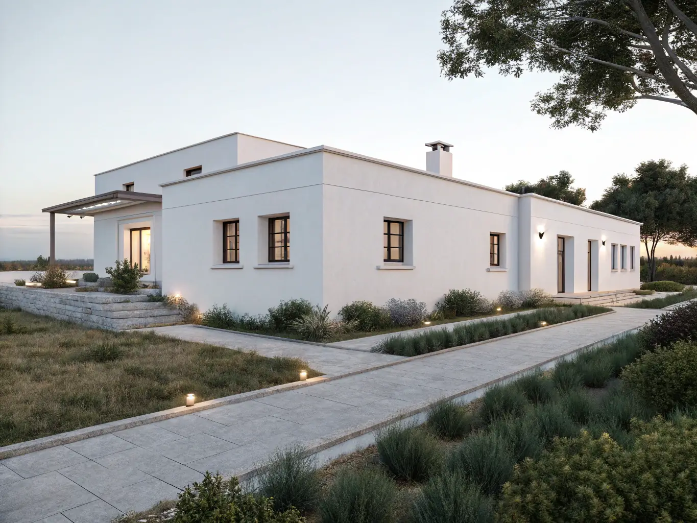An AI-generated image of a compact, single-story modular home with a minimalist design, surrounded by a lush garden and a small wind turbine. The image highlights the home's off-grid capabilities and integration with nature.