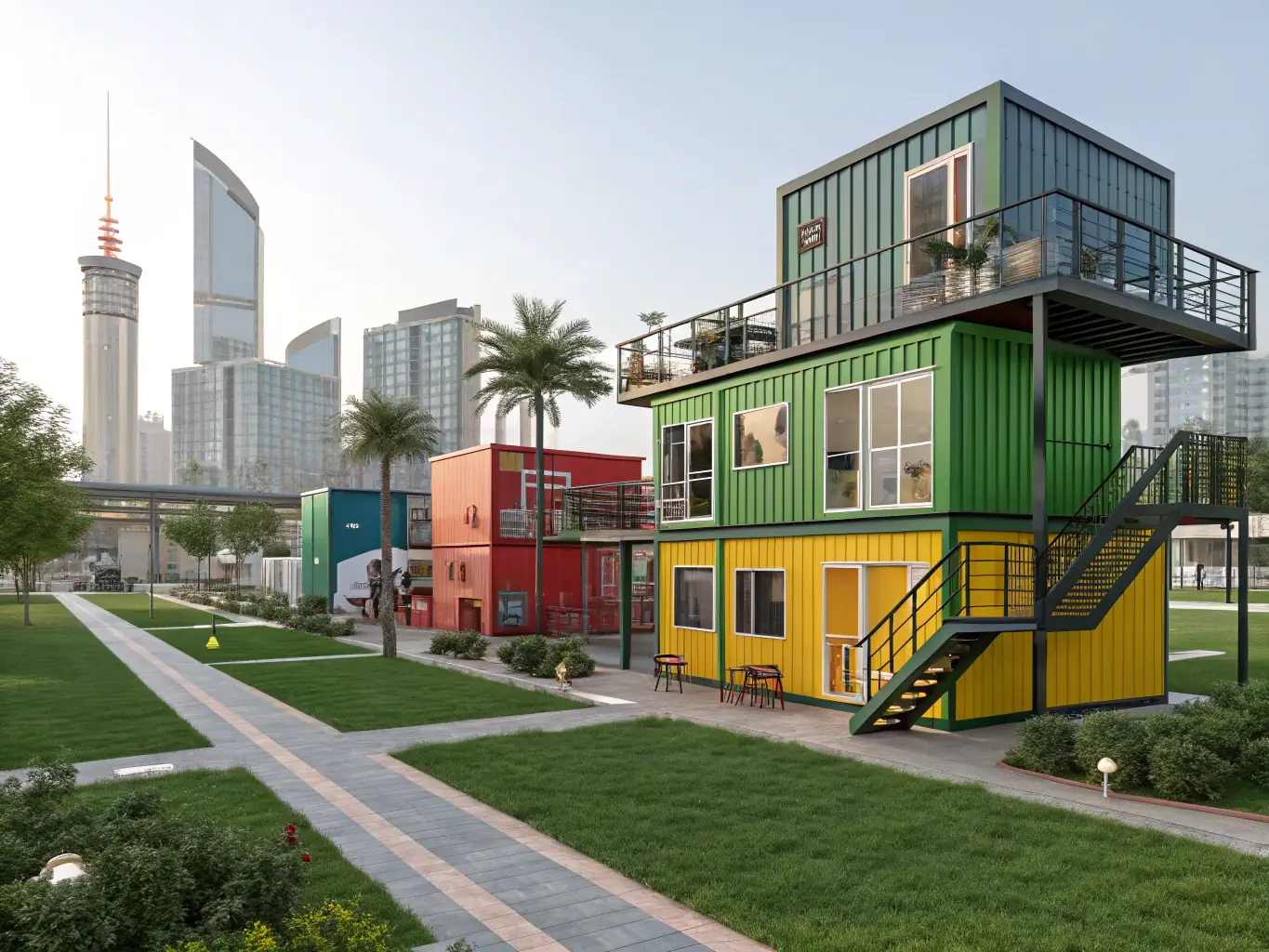 A 3D rendering of a customizable modular home with various add-on modules, showcasing different layouts and design options. The image emphasizes the flexibility and adaptability of the modular construction system.